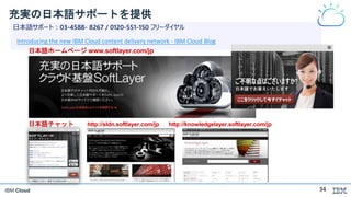 IBM Cloud
充実の日本語サポートを提供
日本語サポート：03-4588- 8267 / 0120-551-150 フリーダイヤル
Introducing the new IBM Cloud content delivery network - IBM Cloud Blog
日本語ホームページ www.softlayer.com/jp
日本語チャット http://sldn.softlayer.com/jp http://knowledgelayer.softlayer.com/jp
34
 