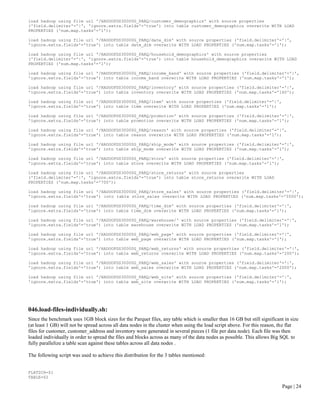 Page | 24 
load hadoop using file url '/HADOOPDS30000G_PARQ/customer_demographics' with source properties ('field.delimiter'='|', 'ignore.extra.fields'='true') into table customer_demographics overwrite WITH LOAD PROPERTIES ('num.map.tasks'='1'); 
load hadoop using file url '/HADOOPDS30000G_PARQ/date_dim' with source properties ('field.delimiter'='|', 'ignore.extra.fields'='true') into table date_dim overwrite WITH LOAD PROPERTIES ('num.map.tasks'='1'); 
load hadoop using file url '/HADOOPDS30000G_PARQ/household_demographics' with source properties ('field.delimiter'='|', 'ignore.extra.fields'='true') into table household_demographics overwrite WITH LOAD PROPERTIES ('num.map.tasks'='1'); 
load hadoop using file url '/HADOOPDS30000G_PARQ/income_band' with source properties ('field.delimiter'='|', 'ignore.extra.fields'='true') into table income_band overwrite WITH LOAD PROPERTIES ('num.map.tasks'='1'); 
load hadoop using file url '/HADOOPDS30000G_PARQ/inventory' with source properties ('field.delimiter'='|', 'ignore.extra.fields'='true') into table inventory overwrite WITH LOAD PROPERTIES ('num.map.tasks'='160'); 
load hadoop using file url '/HADOOPDS30000G_PARQ/item' with source properties ('field.delimiter'='|', 'ignore.extra.fields'='true') into table item overwrite WITH LOAD PROPERTIES ('num.map.tasks'='1'); 
load hadoop using file url '/HADOOPDS30000G_PARQ/promotion' with source properties ('field.delimiter'='|', 'ignore.extra.fields'='true') into table promotion overwrite WITH LOAD PROPERTIES ('num.map.tasks'='1'); 
load hadoop using file url '/HADOOPDS30000G_PARQ/reason' with source properties ('field.delimiter'='|', 'ignore.extra.fields'='true') into table reason overwrite WITH LOAD PROPERTIES ('num.map.tasks'='1'); 
load hadoop using file url '/HADOOPDS30000G_PARQ/ship_mode' with source properties ('field.delimiter'='|', 'ignore.extra.fields'='true') into table ship_mode overwrite WITH LOAD PROPERTIES ('num.map.tasks'='1'); 
load hadoop using file url '/HADOOPDS30000G_PARQ/store' with source properties ('field.delimiter'='|', 'ignore.extra.fields'='true') into table store overwrite WITH LOAD PROPERTIES ('num.map.tasks'='1'); 
load hadoop using file url '/HADOOPDS30000G_PARQ/store_returns' with source properties ('field.delimiter'='|', 'ignore.extra.fields'='true') into table store_returns overwrite WITH LOAD PROPERTIES ('num.map.tasks'='700'); 
load hadoop using file url '/HADOOPDS30000G_PARQ/store_sales' with source properties ('field.delimiter'='|', 'ignore.extra.fields'='true') into table store_sales overwrite WITH LOAD PROPERTIES ('num.map.tasks'='5500'); 
load hadoop using file url '/HADOOPDS30000G_PARQ/time_dim' with source properties ('field.delimiter'='|', 'ignore.extra.fields'='true') into table time_dim overwrite WITH LOAD PROPERTIES ('num.map.tasks'='1'); 
load hadoop using file url '/HADOOPDS30000G_PARQ/warehouse/' with source properties ('field.delimiter'='|', 'ignore.extra.fields'='true') into table warehouse overwrite WITH LOAD PROPERTIES ('num.map.tasks'='1'); 
load hadoop using file url '/HADOOPDS30000G_PARQ/web_page' with source properties ('field.delimiter'='|', 'ignore.extra.fields'='true') into table web_page overwrite WITH LOAD PROPERTIES ('num.map.tasks'='1'); 
load hadoop using file url '/HADOOPDS30000G_PARQ/web_returns' with source properties ('field.delimiter'='|', 'ignore.extra.fields'='true') into table web_returns overwrite WITH LOAD PROPERTIES ('num.map.tasks'='200'); 
load hadoop using file url '/HADOOPDS30000G_PARQ/web_sales' with source properties ('field.delimiter'='|', 'ignore.extra.fields'='true') into table web_sales overwrite WITH LOAD PROPERTIES ('num.map.tasks'='2000'); 
load hadoop using file url '/HADOOPDS30000G_PARQ/web_site' with source properties ('field.delimiter'='|', 'ignore.extra.fields'='true') into table web_site overwrite WITH LOAD PROPERTIES ('num.map.tasks'='1'); 
046.load-files-individually.sh: 
Since the benchmark uses 1GB block sizes for the Parquet files, any table which is smaller than 16 GB but still significant in size (at least 1 GB) will not be spread across all data nodes in the cluster when using the load script above. For this reason, the flat files for customer, customer_address and inventory were generated in several pieces (1 file per data node). Each file was then loaded individually in order to spread the files and blocks across as many of the data nodes as possible. This allows Big SQL to fully parallelize a table scan against these tables across all data nodes . 
The following script was used to achieve this distribution for the 3 tables mentioned: 
FLATDIR=$1 
TABLE=$2  