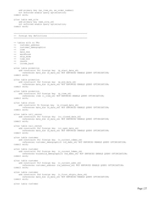 Page | 27 
add primary key (ws_item_sk, ws_order_number) 
not enforced enable query optimization; 
commit work; 
alter table web_site 
add primary key (web_site_sk) 
not enforced enable query optimization; 
commit work; 
------------------------------------------------------------ 
-- foreign key definitions 
------------------------------------------------------------ 
-- tables with no FKs 
-- customer_address 
-- customer_demographics 
-- item 
-- date_dim 
-- warehouse 
-- ship_mode 
-- time_dim 
-- reason 
-- income_band 
alter table promotion 
add constraint fk1 foreign key (p_start_date_sk) 
references date_dim (d_date_sk) NOT ENFORCED ENABLE QUERY OPTIMIZATION; 
commit work; 
alter table promotion 
add constraint fk2 foreign key (p_end_date_sk) 
references date_dim (d_date_sk) NOT ENFORCED ENABLE QUERY OPTIMIZATION; 
commit work; 
alter table promotion 
add constraint fk3 foreign key (p_item_sk) 
references item (i_item_sk) NOT ENFORCED ENABLE QUERY OPTIMIZATION; 
commit work; 
alter table store 
add constraint fk foreign key (s_closed_date_sk) 
references date_dim (d_date_sk) NOT ENFORCED ENABLE QUERY OPTIMIZATION; 
commit work; 
alter table call_center 
add constraint fk1 foreign key (cc_closed_date_sk) 
references date_dim (d_date_sk) NOT ENFORCED ENABLE QUERY OPTIMIZATION; 
commit work; 
alter table call_center 
add constraint fk2 foreign key (cc_open_date_sk) 
references date_dim (d_date_sk) NOT ENFORCED ENABLE QUERY OPTIMIZATION; 
commit work; 
alter table customer 
add constraint fk1 foreign key (c_current_cdemo_sk) 
references customer_demographics (cd_demo_sk) NOT ENFORCED ENABLE QUERY OPTIMIZATION; 
commit work; 
alter table customer 
add constraint fk2 foreign key (c_current_hdemo_sk) 
references household_demographics (hd_demo_sk) NOT ENFORCED ENABLE QUERY OPTIMIZATION; 
commit work; 
alter table customer 
add constraint fk3 foreign key (c_current_addr_sk) 
references customer_address (ca_address_sk) NOT ENFORCED ENABLE QUERY OPTIMIZATION; 
commit work; 
alter table customer 
add constraint fk4 foreign key (c_first_shipto_date_sk) 
references date_dim (d_date_sk) NOT ENFORCED ENABLE QUERY OPTIMIZATION; 
commit work; 
alter table customer  