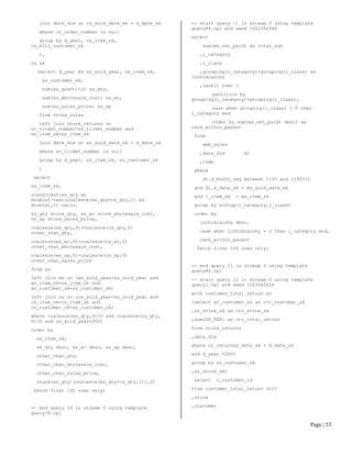 Page | 53 
join date_dim on cs_sold_date_sk = d_date_sk 
where cr_order_number is null 
group by d_year, cs_item_sk, cs_bill_customer_sk 
), 
ss as 
(select d_year AS ss_sold_year, ss_item_sk, 
ss_customer_sk, 
sum(ss_quantity) ss_qty, 
sum(ss_wholesale_cost) ss_wc, 
sum(ss_sales_price) ss_sp 
from store_sales 
left join store_returns on sr_ticket_number=ss_ticket_number and ss_item_sk=sr_item_sk 
join date_dim on ss_sold_date_sk = d_date_sk 
where sr_ticket_number is null 
group by d_year, ss_item_sk, ss_customer_sk 
) 
select 
ss_item_sk, 
round(cast(ss_qty as double)/cast(coalesce(ws_qty+cs_qty,1) as double),2) ratio, 
ss_qty store_qty, ss_wc store_wholesale_cost, ss_sp store_sales_price, 
coalesce(ws_qty,0)+coalesce(cs_qty,0) other_chan_qty, 
coalesce(ws_wc,0)+coalesce(cs_wc,0) other_chan_wholesale_cost, 
coalesce(ws_sp,0)+coalesce(cs_sp,0) other_chan_sales_price 
from ss 
left join ws on (ws_sold_year=ss_sold_year and ws_item_sk=ss_item_sk and ws_customer_sk=ss_customer_sk) 
left join cs on (cs_sold_year=ss_sold_year and cs_item_sk=cs_item_sk and cs_customer_sk=ss_customer_sk) 
where coalesce(ws_qty,0)>0 and coalesce(cs_qty, 0)>0 and ss_sold_year=2001 
order by 
ss_item_sk, 
ss_qty desc, ss_wc desc, ss_sp desc, 
other_chan_qty, 
other_chan_wholesale_cost, 
other_chan_sales_price, 
round(ss_qty/(coalesce(ws_qty+cs_qty,1)),2) 
fetch first 100 rows only; 
-- end query 10 in stream 0 using template query78.tpl 
-- start query 11 in stream 0 using template query86.tpl and seed 1622352946 
select 
sum(ws_net_paid) as total_sum 
,i_category 
,i_class 
,grouping(i_category)+grouping(i_class) as lochierarchy 
,rank() over ( 
partition by grouping(i_category)+grouping(i_class), 
case when grouping(i_class) = 0 then i_category end 
order by sum(ws_net_paid) desc) as rank_within_parent 
from 
web_sales 
,date_dim d1 
,item 
where 
d1.d_month_seq between 1193 and 1193+11 
and d1.d_date_sk = ws_sold_date_sk 
and i_item_sk = ws_item_sk 
group by rollup(i_category,i_class) 
order by 
lochierarchy desc, 
case when lochierarchy = 0 then i_category end, 
rank_within_parent 
fetch first 100 rows only; 
-- end query 11 in stream 0 using template query86.tpl 
-- start query 12 in stream 0 using template query1.tpl and seed 1023042618 
with customer_total_return as 
(select sr_customer_sk as ctr_customer_sk 
,sr_store_sk as ctr_store_sk 
,sum(SR_FEE) as ctr_total_return 
from store_returns 
,date_dim 
where sr_returned_date_sk = d_date_sk 
and d_year =2001 
group by sr_customer_sk 
,sr_store_sk) 
select c_customer_id 
from customer_total_return ctr1 
,store 
,customer  