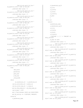 Page | 69 
then ws_net_paid_inc_tax * ws_quantity else 0 end) as jan_net 
,sum(case when d_moy = 2 
then ws_net_paid_inc_tax * ws_quantity else 0 end) as feb_net 
,sum(case when d_moy = 3 
then ws_net_paid_inc_tax * ws_quantity else 0 end) as mar_net 
,sum(case when d_moy = 4 
then ws_net_paid_inc_tax * ws_quantity else 0 end) as apr_net 
,sum(case when d_moy = 5 
then ws_net_paid_inc_tax * ws_quantity else 0 end) as may_net 
,sum(case when d_moy = 6 
then ws_net_paid_inc_tax * ws_quantity else 0 end) as jun_net 
,sum(case when d_moy = 7 
then ws_net_paid_inc_tax * ws_quantity else 0 end) as jul_net 
,sum(case when d_moy = 8 
then ws_net_paid_inc_tax * ws_quantity else 0 end) as aug_net 
,sum(case when d_moy = 9 
then ws_net_paid_inc_tax * ws_quantity else 0 end) as sep_net 
,sum(case when d_moy = 10 
then ws_net_paid_inc_tax * ws_quantity else 0 end) as oct_net 
,sum(case when d_moy = 11 
then ws_net_paid_inc_tax * ws_quantity else 0 end) as nov_net 
,sum(case when d_moy = 12 
then ws_net_paid_inc_tax * ws_quantity else 0 end) as dec_net 
from 
web_sales 
,warehouse 
,date_dim 
,time_dim 
,ship_mode 
where 
ws_warehouse_sk = w_warehouse_sk 
and ws_sold_date_sk = d_date_sk 
and ws_sold_time_sk = t_time_sk 
and ws_ship_mode_sk = sm_ship_mode_sk 
and d_year = 2001 
and t_time between 46669 and 46669+28800 
and sm_carrier in ('LATVIAN','BARIAN') 
group by 
w_warehouse_name 
,w_warehouse_sq_ft 
,w_city 
,w_county 
,w_state 
,w_country 
,d_year 
) 
union all 
(select 
w_warehouse_name 
,w_warehouse_sq_ft 
,w_city 
,w_county 
,w_state 
,w_country 
,'LATVIAN' || ',' || 'BARIAN' as ship_carriers 
,d_year as year 
,sum(case when d_moy = 1 
then cs_sales_price* cs_quantity else 0 end) as jan_sales 
,sum(case when d_moy = 2 
then cs_sales_price* cs_quantity else 0 end) as feb_sales 
,sum(case when d_moy = 3 
then cs_sales_price* cs_quantity else 0 end) as mar_sales 
,sum(case when d_moy = 4 
then cs_sales_price* cs_quantity else 0 end) as apr_sales 
,sum(case when d_moy = 5 
then cs_sales_price* cs_quantity else 0 end) as may_sales 
,sum(case when d_moy = 6 
then cs_sales_price* cs_quantity else 0 end) as jun_sales 
,sum(case when d_moy = 7 
then cs_sales_price* cs_quantity else 0 end) as jul_sales 
,sum(case when d_moy = 8 
then cs_sales_price* cs_quantity else 0 end) as aug_sales 
,sum(case when d_moy = 9 
then cs_sales_price* cs_quantity else 0 end) as sep_sales 
,sum(case when d_moy = 10 
then cs_sales_price* cs_quantity else 0 end) as oct_sales 
,sum(case when d_moy = 11 
then cs_sales_price* cs_quantity else 0 end) as nov_sales  