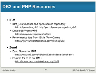 Zend Server and PHP resources
• Support
 Zend Server CE includes one year of email support
• Upgrade to Zend Server for more years and fast phone support

 Register at http://www.zend.com/en/products/server/downloadsibmi and also get Zend’s IBM i newsletter

• Web:
 Zend’s recorded webinars: http://www.zend.com/resources/
webinars/i5-os
 Zend Forums: forums.zend.com
• Look for IBM i Zend Server forums

 http://alanseiden.com
• Blog, articles, tips newsletter

Alan Seiden Consulting
Thursday, February 6, 14

66

IBM i: Fertile Ground for PHP Developers

 