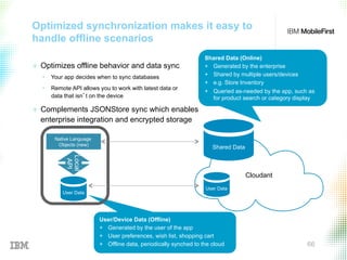 © 2015 IBM Corporation 66
Optimized synchronization makes it easy to
handle offline scenarios
+  Optimizes offline behavior and data sync
•  Your app decides when to sync databases
•  Remote API allows you to work with latest data or
data that isn’t on the device
+  Complements JSONStore sync which enables
enterprise integration and encrypted storage
User/Device Data (Offline)
+  Generated by the user of the app
+  User preferences, wish list, shopping cart
+  Offline data, periodically synched to the cloud
Shared Data (Online)
+  Generated by the enterprise
+  Shared by multiple users/devices
+  e.g. Store Inventory
+  Queried as-needed by the app, such as
for product search or category display
Native Language
Objects (new)
User Data
Local
API
Shared Data
User Data
Cloudant
 