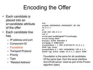 Encoding the Offer
• Each candidate is
placed into an
a=candidate attribute
of the offer
• Each candidate line
has
– IP address and port
– Component ID
– Foundation
– Transport Protocol
– Priority
– Type
– “Related Address”
v=0
o=jdoe 2890844526 2890842807 IN IP4
10.0.1.1
s=
c=IN IP4 192.0.2.3
t=0 0
a=ice-pwd:asd88fgpdd777uzjYhagZg
a=ice-ufrag:8hhY
m=audio 45664 RTP/AVP 0
a=rtpmap:0 PCMU/8000
a=candidate:1 1 UDP 2130706178 10.0.1.1
8998 typ local
a=candidate:2 1 UDP 1694498562 192.0.2.3
45664 typ srflx raddr 10.0.1.1 rport 8998
Foundation is the same for all candidates
Of the same type, from the same interface
And STUN server. Used as part of the Frozen
algorithm (later)
 