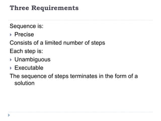 Three Requirements
Sequence is:
 Precise
Consists of a limited number of steps
Each step is:
 Unambiguous
 Executable
The sequence of steps terminates in the form of a
solution
 