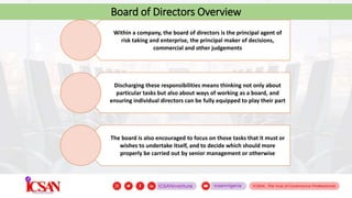 Board of Directors Overview
Within a company, the board of directors is the principal agent of
risk taking and enterprise, the principal maker of decisions,
commercial and other judgements
Discharging these responsibilities means thinking not only about
particular tasks but also about ways of working as a board, and
ensuring individual directors can be fully equipped to play their part
The board is also encouraged to focus on those tasks that it must or
wishes to undertake itself, and to decide which should more
properly be carried out by senior management or otherwise
 