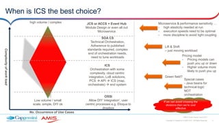 4Copyright © Capgemini & AMIS 2017. All Rights Reserved
EMEA Oracle Partner Event 2017
When is ICS the best choice?
Low volume / small
scale, simple, DIY ok
JCS or ACCS + Event Hub
Modula Design or even all out
Microservice
OSSI
Allow DIY ‘integration’, user
centric processes e.g. Eloqua to
dropbox
SOA CS
Technical Orchestration,
Adherence to published
standards required, complex
end of orchestration needs,
need to tune workloads
Lift & Shift
– just moving workload
ICS
Orchestration with some
complexity, cloud centric
integration, LoB solutions,
PCS  API  ICS (map,
orchestrate)  end system
Green field?
Special cases
- Java beans for
technical logic
NOT
orchestration
Pricing model
- Pricing models can
push you up or down
- Higher volume more
likely to push you up
If we can avoid crossing the
divisions then we’re cost
effective
No. Occurrence of Use Cases
Complexityofworkload
high volume / complex Microservice & performance sensitivity …
- high elasticity needed at run
- execution speeds need to be optimal
- more discipline to avoid tight coupling
 