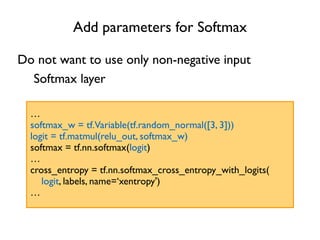 Add parameters for Softmax
…
softmax_w = tf.Variable(tf.random_normal([3, 3]))
logit = tf.matmul(relu_out, softmax_w)
softmax = tf.nn.softmax(logit)
…
cross_entropy = tf.nn.softmax_cross_entropy_with_logits(
logit, labels, name=‘xentropy')
…
Do not want to use only non-negative input
Softmax layer
 