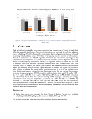 International Journal of Distributed and Parallel Systems (IJDPS) Vol.10, No.1, January 2019
12
Figure 6: Average execution time (sec) comparison of the existing techniques and the proposed model
using MSD
5. CONCLUSION
Task scheduling in embedded processors to minimize the consumption of energy in individual
VMs, has essential significance. Therefore, in this paper, we proposed the real time adaptive
energy-scheduling (RTAES) algorithm by manipulating the reconfiguration proficiency of cloud
computing-virtualized data centers (CCVDCs) by processing massive amounts of information /
data of an application. The RTAES algorithm minimizes the consumption of energy in the
computational, reconfiguration and communication costs under the scenario of parallel processing
data in a cloud computing environment. The RTAES algorithm is based on DVFS. We also tried
to minimize three cost functions, including communication costs, computational costs, and
switching costs, to improve the system’s performance. The modeling details were presented
above. The Montage scientific dataset (MSD) was used to validate our model with respect to
other existing techniques. The above results were demonstrated in terms of the total execution
time, the decrease in power consumption and the average power that was essential for processor
operation. Using our proposed RTAES model, the total simulation times are 57.72 sec for MSD-
25, 71.77 sec for MSD-50, 101.91 sec for MSD-100 and 777.04 sec for MSD-1000, values that
are substantially lower than those of the existing DVFS technique. Similarly, the energy
consumption values using our proposed RTAES model are 120Wh for MSD-25, 124.88Wh for
MSD-50, 143.79Wh for MSD-100 and 1046.14Wh for MSD-1000, values that are substantially
lower than those of the existing DVFS technique. Therefore, the results of our proposed RTAES
model demonstrate its effectiveness in power consumption, performance and execution time with
respect to other existing approaches.
REFERENCES
[1] Lizhe Wang, Gregor von Laszewski, Jai Dayal, Thomas R. Furlani, Thermal aware workload
scheduling with backfilling for green data centers, in: IPCCC, 2009, pp. 289–296.
[2] William Forrest, How to cut data centre carbon emissions? Website, December 2008.
8.44
9.78
10.58
11.36
6.9868
7.7506 8.1735 8.59139
2.3088
1.4354 1.0191 0.77704
0
2
4
6
8
10
12
Montage-25 Montage-50 Montage-100 Montage-1000
EMOA [34] DVFS RTAES
 