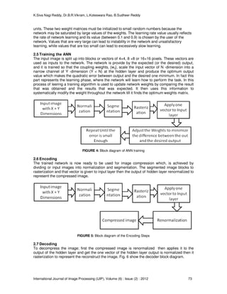 K.Siva Nagi Reddy, Dr.B.R.Vikram, L.Koteswara Rao, B.Sudheer Reddy 
units. These two weight matrices must be initialized to small random numbers because the 
network may be saturated by large values of the weights. The learning rate value usually reflects 
the rate of network learning and its value (between 0.1 and 0.9) is chosen by the user of the 
network. Values that are very large can lead to instability in the network and unsatisfactory 
learning, while values that are too small can lead to excessively slow learning. 
2.5 Training the ANN 
The input image is split up into blocks or vectors of 4×4, 8 ×8 or 16×16 pixels. These vectors are 
used as inputs to the network. The network is provide by the expected (or the desired) output, 
and it is trained so that the coupling weights, {wij}, scale the input vector of N -dimension into a 
narrow channel of Y -dimension (Y  N) at the hidden layer and produce the optimum output 
value which makes the quadratic error between output and the desired one minimum. In fact this 
part represents the learning phase, where the network will learn how to perform the task. In this 
process of leering a training algorithm is used to update network weights by comparing the result 
that was obtained and the results that was expected. It then uses this information to 
systematically modify the weight throughout the network till it finds the optimum weights matrix. 
FIGURE 4: Block diagram of ANN training 
2.6 Encoding 
The trained network is now ready to be used for image compression which, is achieved by 
dividing or input images into normalization and segmentation. The segmented image blocks to 
rasterization and that vector is given to input layer then the output of hidden layer renormalized to 
represent the compressed image. 
FIGURE 5: Block diagram of the Encoding Steps 
2.7 Decoding 
To decompress the image; first the compressed image is renormalized then applies it to the 
output of the hidden layer and get the one vector of the hidden layer output is normalized then it 
rasterization to represent the reconstruct the image. Fig. 6 show the decoder block diagram. 
International Journal of Image Processing (IJIP), Volume (6) : Issue (2) : 2012 73 
 