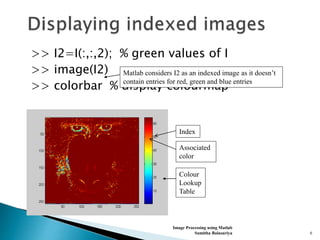 >> I2=I(:,:,2); % green values of I
>> image(I2)
>> colorbar % display colourmap
Image Processing using Matlab
Sumitha Balasuriya 6
Matlab considers I2 as an indexed image as it doesn’t
contain entries for red, green and blue entries
Index
Associated
color
Colour
Lookup
Table
 