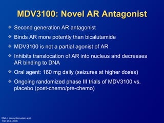MDV3100: Novel AR Antagonist
          Second generation AR antagonist
          Binds AR more potently than bicalutamide
          MDV3100 is not a partial agonist of AR
          Inhibits translocation of AR into nucleus and decreases
           AR binding to DNA
          Oral agent: 160 mg daily (seizures at higher doses)
          Ongoing randomized phase III trials of MDV3100 vs.
           placebo (post-chemo/pre-chemo)




DNA = deoxyribonucleic acid.
Tran et al, 2009.
 