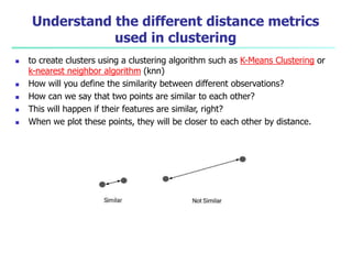 Understand the different distance metrics
used in clustering
 to create clusters using a clustering algorithm such as K-Means Clustering or
k-nearest neighbor algorithm (knn)
 How will you define the similarity between different observations?
 How can we say that two points are similar to each other?
 This will happen if their features are similar, right?
 When we plot these points, they will be closer to each other by distance.
 