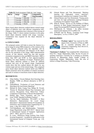 IJRET: International Journal of Research in Engineering and Technology eISSN: 2319-1163 | pISSN: 2321-7308
_______________________________________________________________________________________
Volume: 04 Issue: 02 | Feb-2015, Available @ http://www.ijret.org 397
Table 5.2: Scale invariance Table for ‘case’ image
SR.No Image Image
Size
Computation
Time(Seconds)
1 Case.png 300x300 1.177
2 Case.png 200x200 1.278
3 Case.png 100x100 1.663
4 Case.png 50x50 1.421
Query based object detection method detects trained image
object of different sizes with efficient computation time.
Change in the computation time is because of the resizing of
the image. Table 5.1 shows rotation invariance in the query
based object detection method with image ‘case.png’.
Computation time required for the object detection is
calculated.
6. CONCLUSION
This proposed system will help to extract the features in a
given image by using ORB irrespective of the rotation of the
image. Features extracted using this algorithm will be
further used for classification and detection of the object
also for the annotation of the image. ORB implementation
consists of fast detector which has fast and accurate
orientation component to fast and BRIEF descriptor. ORB is
better than SIFT and SURF to find adjacent-neighbor
matching over large databases of images. Proposed query
based object detection method is tested for different
rotations and sizes of the trained image. Experimental
results show that this method detects the object for any
rotation angle and size of the trained image. Thus, proposed
query based object detection method which uses ORB for
feature extraction solves the problem of rotation invariance
and scale in variance to maximum extent in object detection.
REFERENCES
[1] Ethan Rublee, Vincent Rabaud, Kurt Konolige Gary
Bradski, “ORB: an efficient alternative to SIFT or
SURF”.
[2] OndrejMiksik, “Evaluation of Local Detectors and
Descriptors for Fast Feature Matching".
[3] Michael B. Holte, Cuong Tran, Mohan M. Trivedi,
Thomas B. Moeslund,”Human Pose Estimation and
Activity Recognition From Multi-View Videos:
Comparative Explorations of Recent Developments".
[4] Herbert Bay, Tinne Tuytelaars, and Luc Van
Gool,”SURF: Speeded Up Robust Features".
[5] Yan Ke, Rahul Sukthankar, “PCA-SIFT: A More
Distinctive Representation for Local Image
Descriptors", International Journal of Conceptions on
Electronics and Communication Engineering,Vol. 1,
Issue. 1, Dec 2013; ISSN: 2357 2809.
[6] ViniVidyadharan, and SubuSurendran, “Automatic
Image Registration using SIFT-NCC”, Special Issue
of International Journal of Computer Applications
(0975 – 8887) , pp.29-32, June 2012.
[7] D. Lowe. “Distinctive Image Features from Scale-
Invariant Keypoints”, Accepted for publication in the
International Journal of Computer Vision, pp. 1-28,
2004.
[8] Edward Rosten and Tom Drummond, “Machine
learning for high-speed corner detection",
International Conference on Computer Vision,2008.
[9] Edward Rosten and Tom Drummond, “Fusing points
and lines for high performance tracking",European
Conference on Computer Vision,2006.
[10] Dilip K. Prasad, “Survey of The Problem of Object
detection In Real Images",International Journal of
Image Processing(IJIP),Volume(6):Issue(6):2012.
[11] Mikolajczyk, K., Schmid, “ An affine invariant
interest point detector.ECCV.(2002) 128.
[12] S.Winder and M. Brown, “Learning Local Image
Descriptors,” in Proc.CVPR’07, 2007
BIOGRAPHIES
Prashant Aglave1
has received his B.E.
degree from, University of Pune in 2008.
He is currently pursuing M.E in
Electronics Engineering from B.I.G.C.E,
Solapur University.
Vijaykumar S. Kolkure 2
has completed M.E. (Electronics)
from W.C. Sangli, Maharashtra, India. He has 10 years of
teaching experience. Currently he is working as Assistant
Professor at Bharatratna Indira Gandhi College of
Engineering, Solapur, Maharashtra, India. His area of
interest is Image Processing, Video Processing.
 