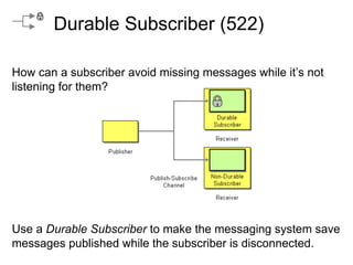 Durable Subscriber (522)
How can a subscriber avoid missing messages while it’s not
listening for them?

Use a Durable Subscriber to make the messaging system save
messages published while the subscriber is disconnected.

 