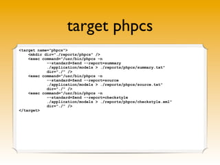 target phpcs
<target name="phpcs">
<mkdir dir="./reports/phpcs" />
<exec command="/usr/bin/phpcs -n
--standard=Zend --report=summary
./application/models > ./reports/phpcs/summary.txt"
dir="./" />
<exec command="/usr/bin/phpcs -n
--standard=Zend --report=source
./application/models > ./reports/phpcs/source.txt"
dir="./" />
<exec command="/usr/bin/phpcs -n
--standard=Zend --report=checkstyle
./application/models > ./reports/phpcs/checkstyle.xml"
dir="./" />
</target>
 