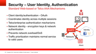 Copyright © 2014, Oracle and/or its affiliates. All rights reserved. Oracle Confidential26
Security – User Identity, Authentication
Standard Web-based or Telco AAA Mechanisms
Identity
Network
WebRTC
Attack
§  Client identity/authentication - OAuth
§  Coordinates identity across multiple sessions
§  Telco/enterprise authentication mechanisms
§  Network identity - encryption keys & network
authentication
§  Prevents network overload/DoS
§  Traffic prioritization maintains normal service
to valid users
 