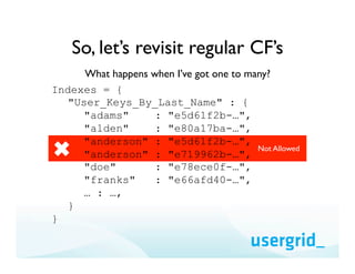 So, let’s revisit regular CF’s
     What happens when I’ve got one to many?
Indexes = {
  "User_Keys_By_Last_Name" : {
     "adams"       : "e5d61f2b-…",
     "alden"       : "e80a17ba-…",
     "anderson" : "e5d61f2b-…",
✖!   "anderson" : "e719962b-…",
                                         Not Allowed

     "doe"         : "e78ece0f-…",
     "franks"      : "e66afd40-…",
     … : …,
  }
}
 