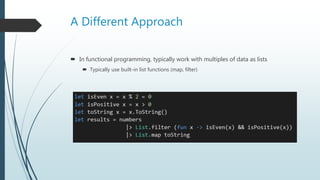 A Different Approach
 In functional programming, typically work with multiples of data as lists
 Typically use built-in list functions (map, filter)
 