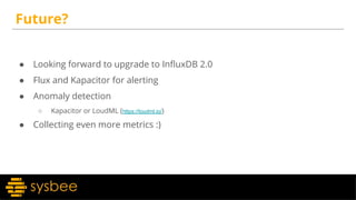 Future?
● Looking forward to upgrade to InﬂuxDB 2.0
● Flux and Kapacitor for alerting
● Anomaly detection
○ Kapacitor or LoudML (https://loudml.io/)
● Collecting even more metrics :)
 