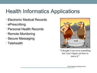 Health Informatics Applications
• Electronic Medical Records
• ePrescribing
• Personal Health Records
• Remote Monitoring
• Secure Messaging
• Telehealth




                               http://www.toonpool.com/
 
