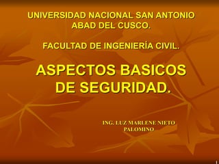 1
UNIVERSIDAD NACIONAL SAN ANTONIO
ABAD DEL CUSCO.
FACULTAD DE INGENIERÍA CIVIL.
ASPECTOS BASICOS
DE SEGURIDAD.
ING. LUZ MARLENE NIETO
PALOMINO
 