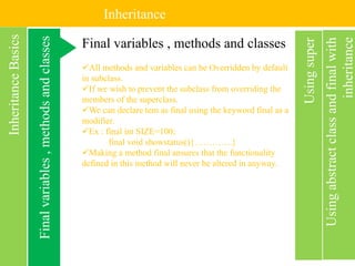 Inheritance
Usingabstractclassandfinalwith
inheritance
InheritanceBasics
Usingsuper
Finalvariables,methodsandclasses Final variables , methods and classes
All methods and variables can be Overridden by default
in subclass.
If we wish to prevent the subclass from overriding the
members of the superclass.
We can declare tem as final using the keyword final as a
modifier.
Ex : final int SIZE=100;
final void showstatus(){………….}
Making a method final ansures that the functionality
defined in this method will never be altered in anyway.
 