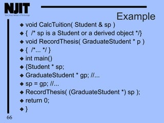 66
Example
 void CalcTuition( Student & sp )
 { /* sp is a Student or a derived object */}
 void RecordThesis( GraduateStudent * p )
 { /*... */ }
 int main()
 {Student * sp;
 GraduateStudent * gp; //...
 sp = gp; //...
 RecordThesis( (GraduateStudent *) sp );
 return 0;
 }
 