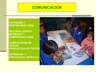 COMUNICACION
•EXPRESION Y
COMPRENSION ORAL.
•SEGUNDA LENGUA
EXPRESION Y
COMPRENSION ORAL
•COMPRENSION DE
TEXTOS.
•PRODUCCION DE TEXTOS
•EXPRESION Y
APRECIACION ARTISTICA
 