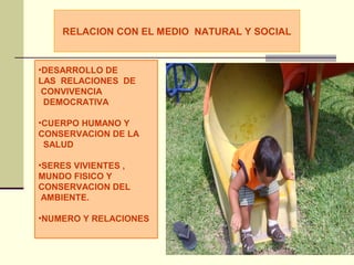 RELACION CON EL MEDIO NATURAL Y SOCIAL
•DESARROLLO DE
LAS RELACIONES DE
CONVIVENCIA
DEMOCRATIVA
•CUERPO HUMANO Y
CONSERVACION DE LA
SALUD
•SERES VIVIENTES ,
MUNDO FISICO Y
CONSERVACION DEL
AMBIENTE.
•NUMERO Y RELACIONES
 