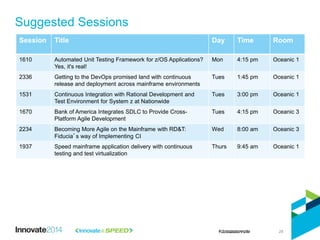 Suggested Sessions
Session Title Day Time Room
1610 Automated Unit Testing Framework for z/OS Applications?
Yes, it's real!
Mon 4:15 pm Oceanic 1
2336 Getting to the DevOps promised land with continuous
release and deployment across mainframe environments
Tues 1:45 pm Oceanic 1
1531 Continuous Integration with Rational Development and
Test Environment for System z at Nationwide
Tues 3:00 pm Oceanic 1
1670 Bank of America Integrates SDLC to Provide Cross-
Platform Agile Development
Tues 4:15 pm Oceanic 3
2234 Becoming More Agile on the Mainframe with RD&T:
Fiducia’s way of Implementing CI
Wed 8:00 am Oceanic 3
1937 Speed mainframe application delivery with continuous
testing and test virtualization
Thurs 9:45 am Oceanic 1
28
 