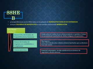 • principal diferencia con los SHEA radica en la inclusión de HEPATOCITOS VIVOS EN SUS INTERFACES
• incluyen COLUMNAS DE HEPATOCITOS en una interface denominada BIORREACTOR
tres líneas
celulares:
líneas C3A, derivadas de
hepatoblastoma humano
líneas derivadas de
órganos no candidatos a
trasplantar
Líneas porcinas
Dudas sobre el control de su sobrecrecimiento y también el temor
de una potencial transfusión de células malignas a los pacientes.
Mas seguros
corta sobrevida de estos cultivos celulares han hecho que su eficiencia
haya sido menor.
Potencial cancerígeno , ha sido satisfactoria en términos de
seguridad y efectos adversos
 