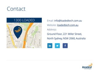Contact
1300 LOADED

Email: info@loadedtech.com.au
Website: loadedtech.com.au
Address:
Ground Floor, 221 Miller Street,
North Sydney, NSW 2060, Australia

 