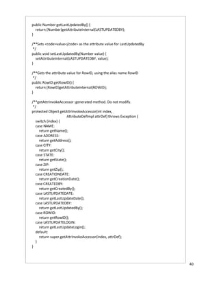 40
public Number getLastUpdatedBy() {
return (Number)getAttributeInternal(LASTUPDATEDBY);
}
/**Sets <code>value</code> as the attribute value for LastUpdatedBy
*/
public void setLastUpdatedBy(Number value) {
setAttributeInternal(LASTUPDATEDBY, value);
}
/**Gets the attribute value for RowID, using the alias name RowID
*/
public RowID getRowID() {
return (RowID)getAttributeInternal(ROWID);
}
/**getAttrInvokeAccessor: generated method. Do not modify.
*/
protected Object getAttrInvokeAccessor(int index,
AttributeDefImpl attrDef) throws Exception {
switch (index) {
case NAME:
return getName();
case ADDRESS:
return getAddress();
case CITY:
return getCity();
case STATE:
return getState();
case ZIP:
return getZip();
case CREATIONDATE:
return getCreationDate();
case CREATEDBY:
return getCreatedBy();
case LASTUPDATEDATE:
return getLastUpdateDate();
case LASTUPDATEDBY:
return getLastUpdatedBy();
case ROWID:
return getRowID();
case LASTUPDATELOGIN:
return getLastUpdateLogin();
default:
return super.getAttrInvokeAccessor(index, attrDef);
}
}
 