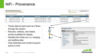 Page8 © Hortonworks Inc. 2011 – 2015. All Rights Reserved
NiFi - Provenance
• Tracks data at each point as it flows
through the system
• Records, indexes, and makes
events available for display
• Handles fan-in/fan-out, i.e. merging
and splitting data
• View attributes and content at given
points in time
 