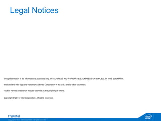 Copyright © 2014, Intel Corporation. All rights reserved.
Legal Notices
This presentation is for informational purposes only. INTEL MAKES NO WARRANTIES, EXPRESS OR IMPLIED, IN THIS SUMMARY.
Intel and the Intel logo are trademarks of Intel Corporation in the U.S. and/or other countries.
* Other names and brands may be claimed as the property of others.
Copyright © 2014, Intel Corporation. All rights reserved.
 