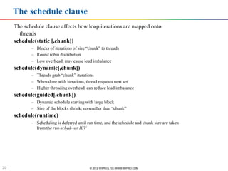 The schedule clause
     The schedule clause affects how loop iterations are mapped onto
       threads
     schedule(static [,chunk])
               – Blocks of iterations of size “chunk” to threads
               – Round robin distribution
               – Low overhead, may cause load imbalance
     schedule(dynamic[,chunk])
               – Threads grab “chunk” iterations
               – When done with iterations, thread requests next set
               – Higher threading overhead, can reduce load imbalance
     schedule(guided[,chunk])
               – Dynamic schedule starting with large block
               – Size of the blocks shrink; no smaller than “chunk”
     schedule(runtime)
               – Scheduling is deferred until run time, and the schedule and chunk size are taken
                 from the run-sched-var ICV



        Software & Services Group, Developer Products Division
       Software & Services Group



20                                             © 2012 WIPRO LTD | WWW.WIPRO.COM
 