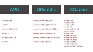 apc.shm_size
apc.ttl
apc.num_files_hint
apc.gc_ttl
apc.max_file_size
apc.stat
APC OPcache
opcache.revalidate_freq
opcache.validate_timestamps
opcache.max_accelerated_files
opcache.memory_consumption
opcache.interned_strings_buffer
opcache.fast_shutdown
XCache
xcache.size
xcache.count
xcache.slots
xcache.ttl
xcache.gc_interval
xcache.cacher
xcache.stat
xcache.var_size
xcache.var_count
xcache.var_slots
xcache.var_ttl
xcache.var_maxttl
xcache.var_gc_interval
 
