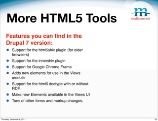 More HTML5 Tools
     Features you can ﬁnd in the
     Drupal 7 version:
     •     Support for the html5shiv plugin (for older
           browsers)
     •     Support for the innershiv plugin
     •     Support for Google Chrome Frame
     •     Adds new elements for use in the Views
           module
     •     Support for the html5 doctype with or without
           RDF.
     •     Make new Elements available in the Views UI
     •     Tons of other forms and markup changes.



Thursday, December 8, 2011                                 53
 