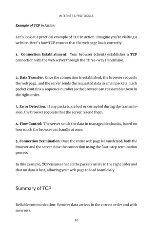 INTERNET & PROTOCOLS
Example of TCP in Action:
Let’s look at a practical example of TCP in action. Imagine you’re visiting a
website. Here’s how TCP ensures that the web page loads correctly:
1. Connection Establishment: Your browser (client) establishes a TCP
connection with the web server through the Three-Way Handshake.
2. Data Transfer: Once the connection is established, the browser requests
the web page, and the server sends the requested data in small packets. Each
packet contains a sequence number so the browser can reassemble them in
the right order.
3. Error Detection: If any packets are lost or corrupted during the transmis-
sion, the browser requests that the server resend them.
4. Flow Control: The server sends the data in manageable chunks, based on
how much the browser can handle at once.
5. Connection Termination: Once the entire web page is transferred, both the
browser and the server close the connection using the four-step termination
process.
In this example, TCP ensures that all the packets arrive in the right order and
that no data is lost, allowing your web page to load seamlessly.
Summary of TCP
Reliable communication: Ensures data arrives in the correct order and with
no errors.
20
 