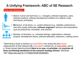 A Unifying Framework: ABC of SE Research
• Actors: human and technical, i.e., managers, software engineers, users,
software systems, software development artifacts incl. defects, tools,
techniques, prototypes 

• Behaviour: of all actors, i.e., system behavior (e.g., reliability, performance,
and other quality attributes), software engineers’ behavior and antecedents
such as productivity, motivation, and intention 

• Context: of all actors, i.e., industrial settings, organizations, software
projects, development teams, software laboratory, classroom, meeting rooms
"Optimizing a study to achieve generalizability over actors (A) and precise
measurement of their behavior (B), in a realistic context (C), is impossible, and is
a “three-horned dilemma [since] there is no way—in principle—to maximize all
three (conﬂicting) desiderata of the research strategy domain” (McGrath,
1981 https://doi.org/10.1177/000276428102500205 )
Three main dimensions…
 