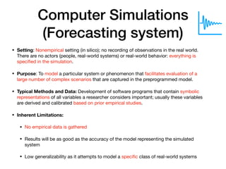 Computer Simulations
(Forecasting system)
• Setting: Nonempirical setting (in silico); no recording of observations in the real world.
There are no actors (people, real-world systems) or real-world behavior: everything is
speciﬁed in the simulation. 

• Purpose: To model a particular system or phenomenon that facilitates evaluation of a
large number of complex scenarios that are captured in the preprogrammed model. 

• Typical Methods and Data: Development of software programs that contain symbolic
representations of all variables a researcher considers important; usually these variables
are derived and calibrated based on prior empirical studies. 

• Inherent Limitations:
• No empirical data is gathered

• Results will be as good as the accuracy of the model representing the simulated
system

• Low generalizability as it attempts to model a speciﬁc class of real-world systems
 