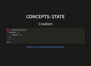 CONCEPTS: STATE
Creation
new Vuex.Store({
state: {
count: 0
},
// ...
});
https://vuex.vuejs.org/guide/state.html
 