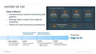 © Cloudera, Inc. All rights reserved. 7© Cloudera, Inc. All rights reserved.
Mid-2000’s
NiFi was developed
and used at NSA
2015
Onyara is acquired
HDF is born
2018
Strong Streaming Platform
- Support for Kafka 2.0
- SMM is introduced
Tomorrow:
Edge-to-AI
Bring this to the edge with
connected platforms
HISTORY OF CDF
Data-in-Motion:
• Comprehensive real-time streaming data
platform
• Manage data-in-motion from edge-to-
enterprise
• Power IoT-scale streaming architectures
Enable next generation
Modern Data Architecture
2019
Cloudera merger
Enable Edge Intelligence
 