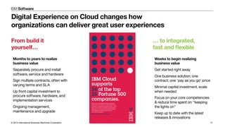 © 2014 International Business Machines Corporation 17
Weeks to begin realizing
business value 
Get started right away
One business solution; one
contract; one ‘pay as you go’ price
Minimal capital investment, scale
when needed
Focus on your core competencies
& reduce time spent on “keeping
the lights on”
Keep up to date with the latest
releases & innovations
From build it
yourself…
… to integrated,
fast and ﬂexible
Months to years to realize
business value
Separately procure and install
software, service and hardware 
Sign multiple contracts, often with
varying terms and SLA
Up front capital investment to
procure software, hardware, and
implementation services
Ongoing management,
maintenance and upgrade
Digital Experience on Cloud changes how
organizations can deliver great user experiences
 