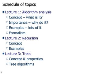 Schedule of topics Lecture 1: Algorithm analysis Concept – what is it? Importance – why do it? Examples – lots of it Formalism Lecture 2: Recursion Concept Examples Lecture 3: Trees Concept & properties Tree algorithms 
