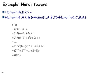 Example: Hanoi Towers Hanoi(n,A,B,C) =  Hanoi(n-1,A,C,B)+Hanoi(1,A,B,C)+Hanoi(n-1,C,B,A) 