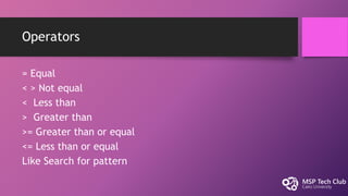 Operators
= Equal
< > Not equal
< Less than
> Greater than
>= Greater than or equal
<= Less than or equal
Like Search for pattern
 