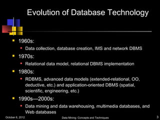 Evolution of Database Technology


        1960s:
                 Data collection, database creation, IMS and network DBMS
        1970s:
                 Relational data model, relational DBMS implementation
        1980s:
                 RDBMS, advanced data models (extended-relational, OO,
                  deductive, etc.) and application-oriented DBMS (spatial,
                  scientific, engineering, etc.)
        1990s—2000s:
                 Data mining and data warehousing, multimedia databases, and
                  Web databases
October 6, 2012                    Data Mining: Concepts and Techniques         3
 