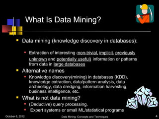 What Is Data Mining?

            Data mining (knowledge discovery in databases):

                  Extraction of interesting (non-trivial, implicit, previously
                   unknown and potentially useful) information or patterns
                   from data in large databases
            Alternative names
                  Knowledge discovery(mining) in databases (KDD),
                   knowledge extraction, data/pattern analysis, data
                   archeology, data dredging, information harvesting,
                   business intelligence, etc.
            What is not data mining?
                  (Deductive) query processing.
                   Expert systems or small ML/statistical programs
October 6, 2012                      Data Mining: Concepts and Techniques         4
 